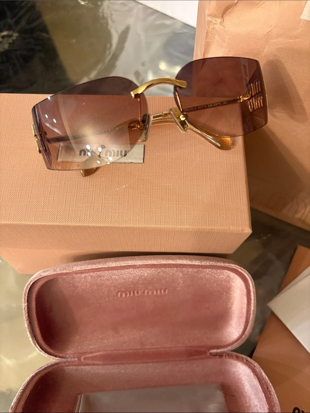 Miu Miu Rimless Sunglasses with Brown Gradient Lenses and Gold Temples